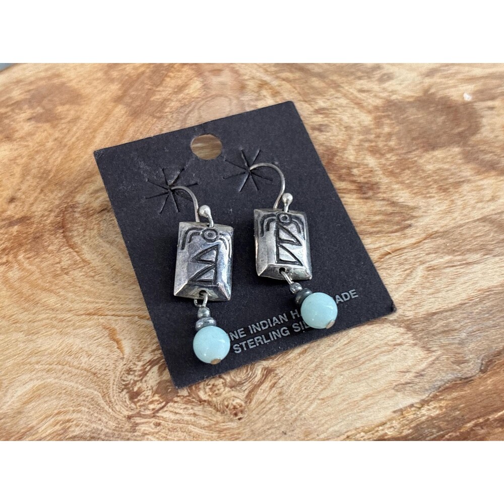 Vintage Sterling Silver 925 Dangle Earrings Elephants & Green Marbled Jade Bead